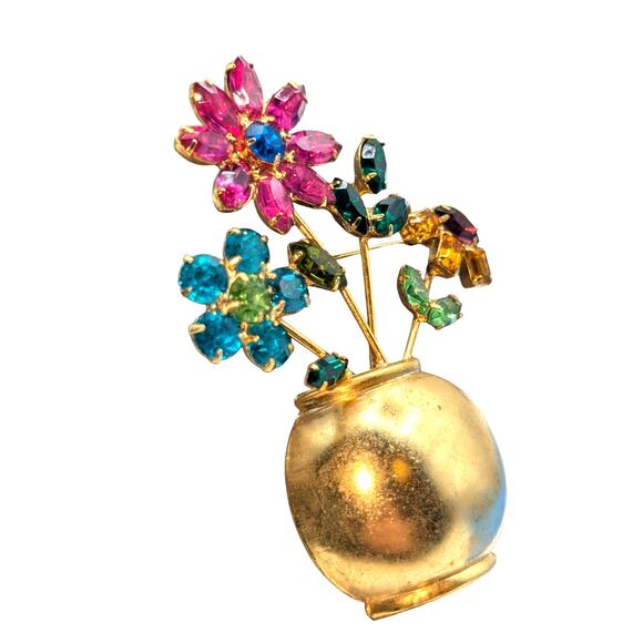 VTG Mid-Century Multi-Color Glass Stone Flowers in Gold Tone Flower Pot Brooch - Picture 4 of 9